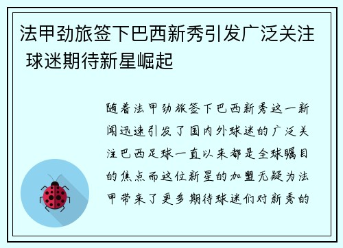 法甲劲旅签下巴西新秀引发广泛关注 球迷期待新星崛起